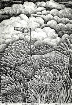 an ink drawing of clouds and a fence