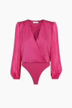 This top offers an ultra-feminine look with its pleated organza balloon sleeves and wrap-over styling. Its folded texture lends to a unique, stylish shape, ensuring your look stands out. Bodysuit Pleated sleeves Organza Lining Length: 21 1/2" Chest: 17 1/4" Self: 97% Polyester Lining: 93% Polyester, 7% Spandex Hand wash in cold water with similar colors. Dry flat. Low iron. Model is wearing size S Style #: F239T6720 Chic V-neck Blouse With Sheer Sleeves, Party Tops With Structured Shoulders And Long Sleeves, Long Sleeve Tops With Structured Shoulders For Party, Elegant Pink Blouse With Sheer Sleeves, Sheer Sleeves V-neck Blouse For Party, Chic Pleated Sleeve Top For Party, Chic Party Top With Pleated Sleeves, Party Blouse With Sheer Sleeves And V-neck, Fitted Top With Pleated Sleeves For Party