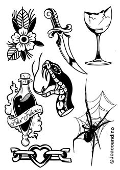 black and white drawing of various tattoos