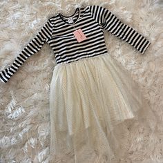 Mia Belle Girls Size 6 Navy And White Striped Dress Tulle Sparkle Bottom Lined Never Worn With Tags Long Sleeve Tutu Dress For Dress-up In Spring, Long Sleeve Tutu Dress For Spring Dress-up, White Long Sleeve Tutu Dress For Spring, Spring White Long Sleeve Tutu Dress, Spring Long Sleeve White Tutu Dress, Cute Long Sleeve Ruffled Tutu Dress, Cute Long Sleeve Tutu Dress With Ruffles, Spring White Cotton Tutu Dress, White Cotton Tutu Dress For Spring