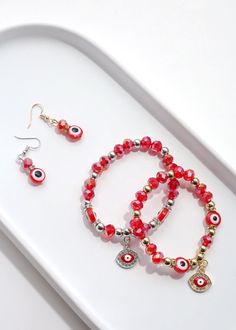 Symbolizes protection, happiness, good fortune and prosperity It is stylish and creative, full of warm meanings Red Evil Eye, Bead Earring, Good Fortune, Evil Eye, Beaded Earrings, Earring Set, Meant To Be, Beads, Silver