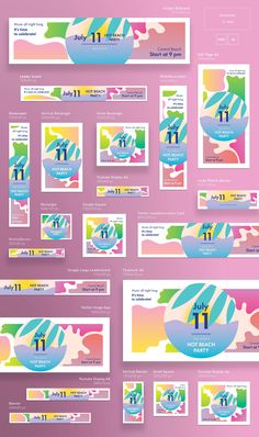 an assortment of colorful banners and business cards