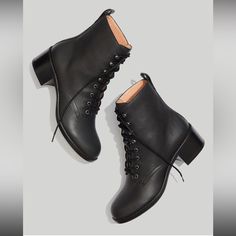 New, Unworn Black Lace-Up Boots From Madewell, Fits True To Size! Fall Fashion Boots, Madewell Boots, Lace Up Leather Boots, Women Heel Boots, Black Lace Up Boots, Black Shoes Heels, Lace Up Combat Boots, Madewell Shoes, Leather Lace Up Boots