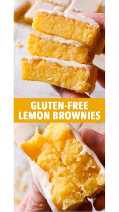 gluten - free lemon brownies with white frosting are the perfect dessert