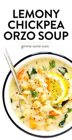 a bowl of lemony chickpea orzo soup