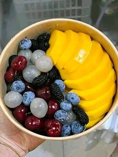 a bowl filled with fruit and berries on top of a wooden table next to a person's hand