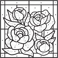 a coloring page with roses and numbers in the center, on top of a stained glass window