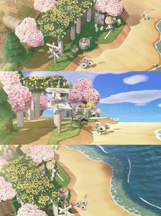 two different views of the same beach with trees and flowers on it, one in front of