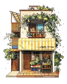 a drawing of a building with plants growing on the balcony and an awning over it