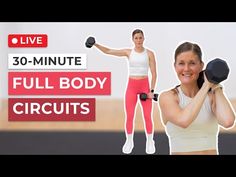 a woman holding two dumbbells in front of her face with the words 30 - minute full body circuit