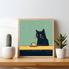 a black cat sitting on top of a wooden shelf next to a potted plant