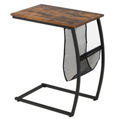 an iron and wood desk with mesh hanging from it