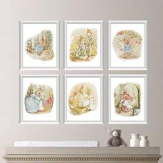 the website for peter rabbit nursery decor is displayed on a tabletop with pictures above it