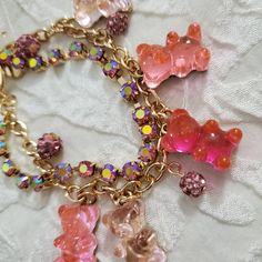 Betsey Johnson Gummy Bear Lucite Rhinestone Bracelet Nwt Rare Trendy Pink Beaded Bracelets For Party, Adjustable Rhinestone Charm Bracelet For Party, Adjustable Charm Bracelet With Rhinestones For Party, Pink Crystal Charm Bracelet Gift, Pink Adjustable Charm Bracelet For Parties, Adjustable Pink Charm Bracelet For Party, Cute Pink Resin Jewelry, Adjustable Pink Jeweled Jewelry, Trendy Pink Crystal Bracelet For Jewelry Making