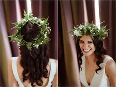 a woman wearing a wreath of flowers in her hair and smiling at the camera while she is getting ready to get married