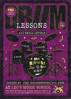 an advertisement for the drum lessons program with purple background and black drums on it's front