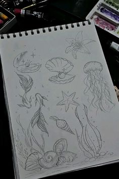 a drawing book with drawings of sea animals on it