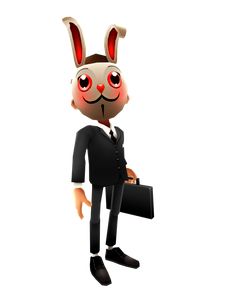 a cartoon rabbit in a suit and tie holding a briefcase with one eye on it