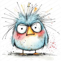 an angry bird with blue hair and big eyes is drawn in watercolor on paper