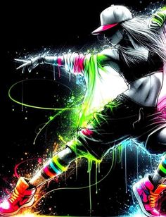 a woman dancing with neon paint on her body and shoes in front of the camera