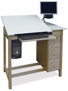 a computer desk with a monitor, keyboard and mouse on it in front of a white background