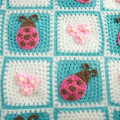 crocheted squares with ladybugs and flowers on them