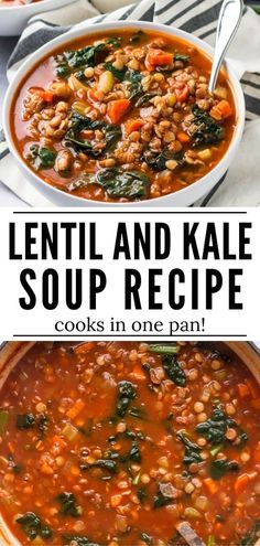 lentil and kale soup recipe in one pan, with the title above it