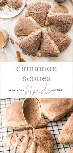 cinnamon scones on a cooling rack with powdered sugar being poured onto the top