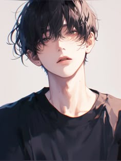 an anime character with black hair wearing a black shirt