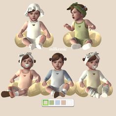 the babys are sitting in different positions and wearing diapers on their heads, arms and legs