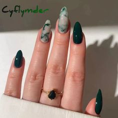 24pcs Long Almond False Nails French Rose Cat Eye Dark Green Swoosh Stars Press on Nails Fake Nails DIY Manicure Detachable SPECIFICATIONS Number of Pieces: 24pcs Material: ABS Occasion: party Brand new and high quality.Item Material: ABSStyle: FrenchColor: as showEasy To UseSuitable for use with gel, acrylic or fiberg Dark Green Nails, Green Nail Designs, Easy Nails, Color Nails, Casual Nails, Birthday Nails, Nails Coffin, Foot Care, Nails Inspo