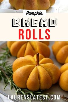 pumpkin bread rolls on a plate with rosemary sprigs and the words, pumpkin bread rolls