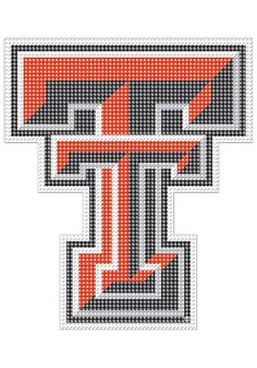 the letter t is made up of small squares and dots in red, gray, and black