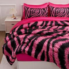 pink and black bedding with zebra print