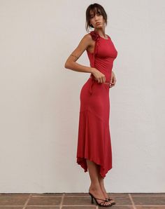 Red Fitted Summer Dress, Red Top Outfit Summer, Red Summer Outfits, Asymmetrical Skirt Outfit, Low Rise Midi Skirt, Rosette Top, Crepe Material, Red Midi, Red Skirt