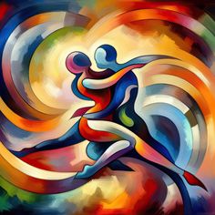 an abstract painting of two people running through the air with colorful swirls in the background