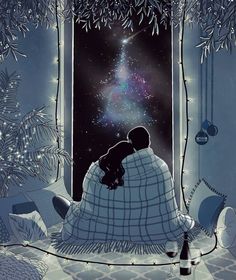 a couple sitting in front of a window looking at the stars