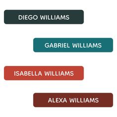 four different types of name tags on a white background with the words, diego williams, gabril williams, isabella williams, and alex williams