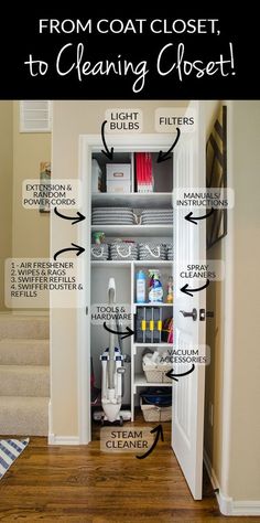 an open closet filled with cleaning supplies and labeled to help you find the best cleaner