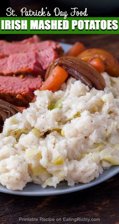 a plate with mashed potatoes, carrots and meat on it that says st patrick's day food colcannon