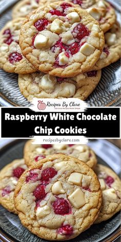 raspberry white chocolate chip cookies on a plate with the words raspberry white chocolate chip cookies