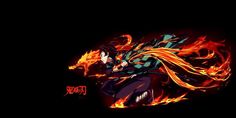 an anime character with long hair and flames