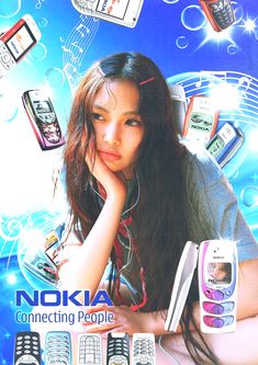 an advertisement for the nokia cell phone company, featuring a young woman with long hair