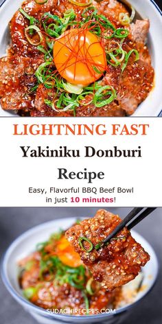 an image of a bowl of food with chopsticks in it and the title lightening fast yakiki donburi recipe