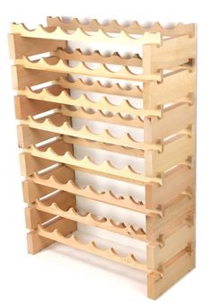 a wooden wine rack with many bottles on it