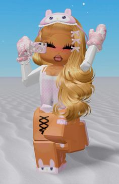 a cartoon girl with long blonde hair holding two pink donuts in one hand and an ice cream cone in the other