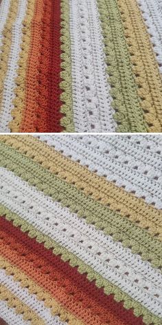 crocheted blanket made to look like a multicolored striped afghan with white, yellow, red, and green stripes