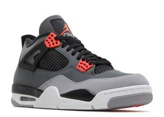 These Retro 4’s are a unique color combination in suede material. It is infrared, black, and dark/light grey. The shoe is predominately dark grey with the toe having a light grey strip. The infrared comes into play with the lace flaps and the inner lining of the tongue. The netting is black and so is the back flap and parts of the sole. This unique color combinations makes for eye catching footwear. Jordans 4, Jordan 4’s, Jordan Retro 4, Black Cement, Retro 4, Womens Air Jordans, Unique Color Combinations, Jordan 2, Jordan 4 Retro