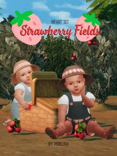 two children sitting on the ground with strawberries in front of them and an image of strawberry fields behind them