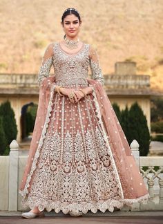 Peach Embroidered Stones Work Butterfly Net Anarkali Salwar Kameez Suit Reception Anarkali, Wedding Anarkali, Bridesmaid Suits, Net Anarkali, Green Anarkali, Butterfly Net, Designer Anarkali Suits, Anarkali Salwar, Designer Anarkali